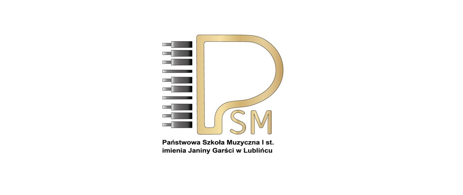 Logo Państwowej Szkoły Muzycznej I stopnia imienia Janiny Garści w Lublińcu, złote litery PSM, z lewej strony czarna klawiatura pianina, pod spodem czarny napis z nazwą szkoły.
