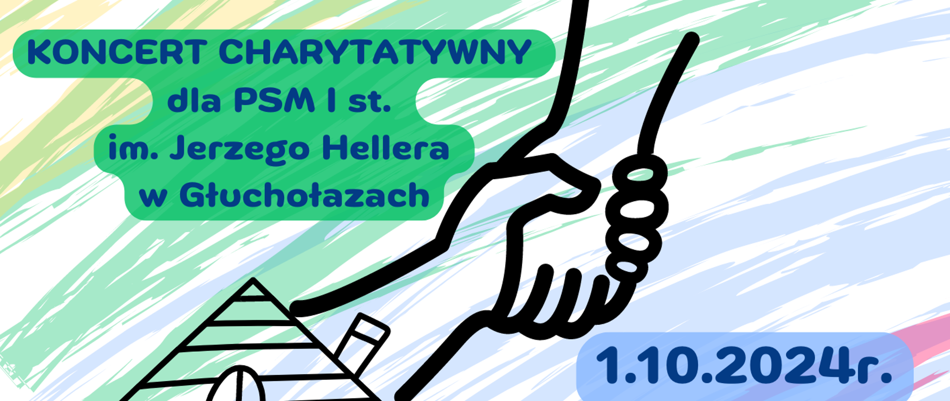 Kolorowy plakat przedstawiający dwie szkoły podające sobie rękę, z napisami "SZKOŁA SZKOLE" oraz "KONCERT CHARYTATYWNY dla PSM I st. im. Jerzego Hellera w Głuchołazach" oraz podaną datą (01.10.2024 r. wtorek godzina 17:30) oraz miejscem odbywania się koncertu (AULA im. A. Gabrylewicza)