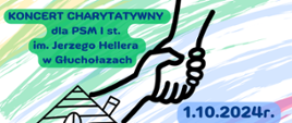 Kolorowa grafika z napisem "SZKOŁA SZKOLE, KONCERT CHARYTATYWNY" oraz podaną datą 01.10.2024 r.