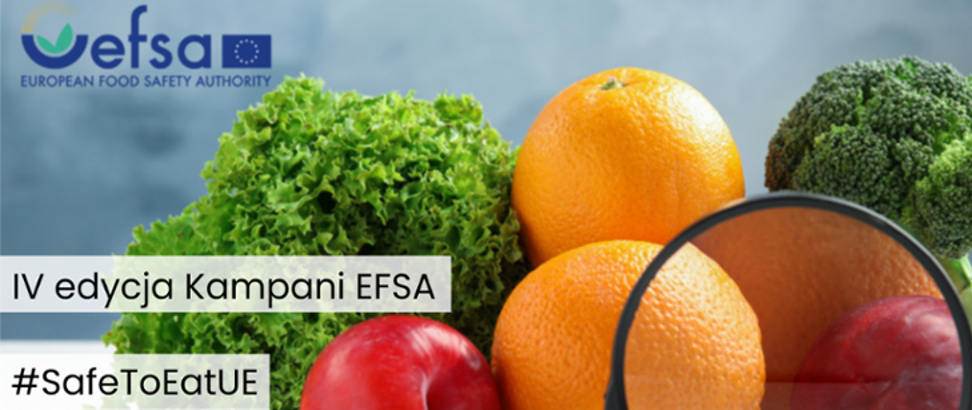 Plakat z napisem IV edycja Kampani EFSA #SafeToEatUE a w tle warzywa i owoce