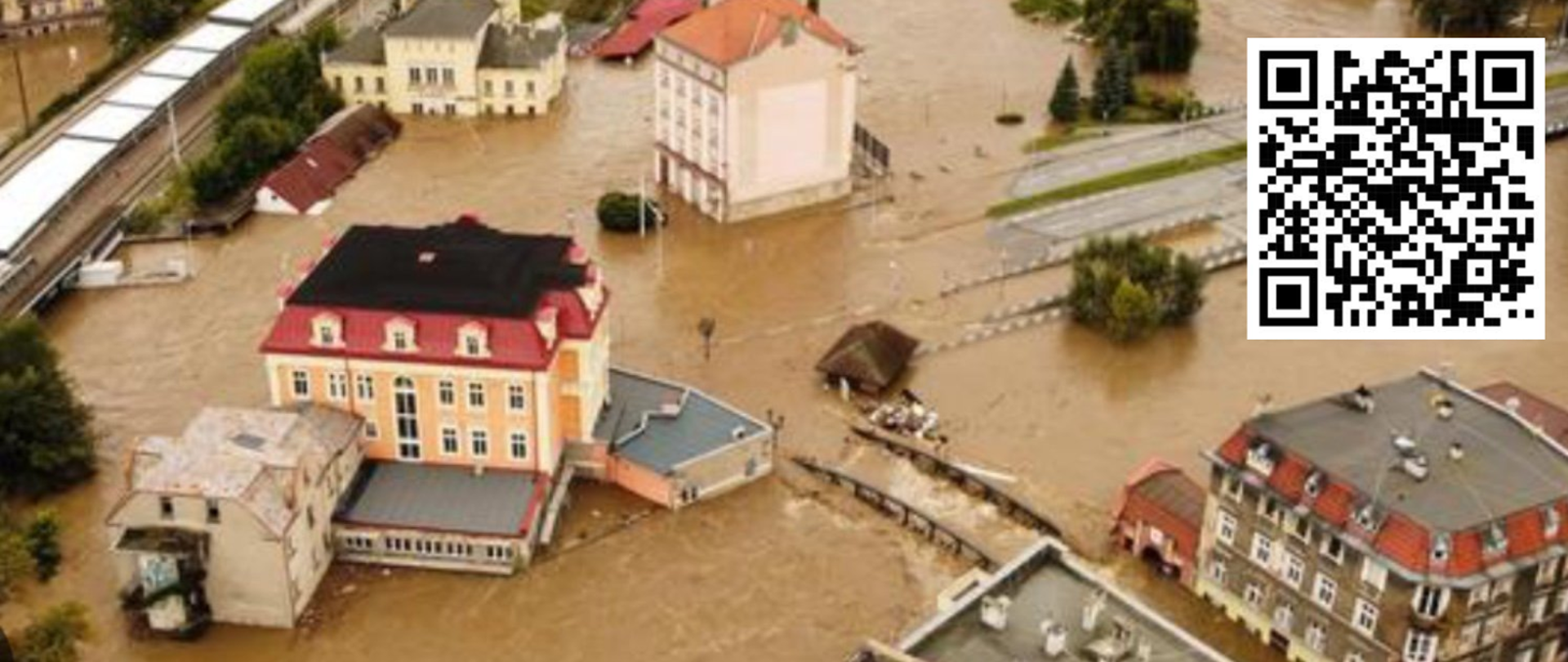 Okolice Wrocławia zalane przez powódź. Zdewastowane budynki częściowo pod wodą. W tle kod qr z odnośnikiem do strony: https://zrzutka.pl/s7uk95