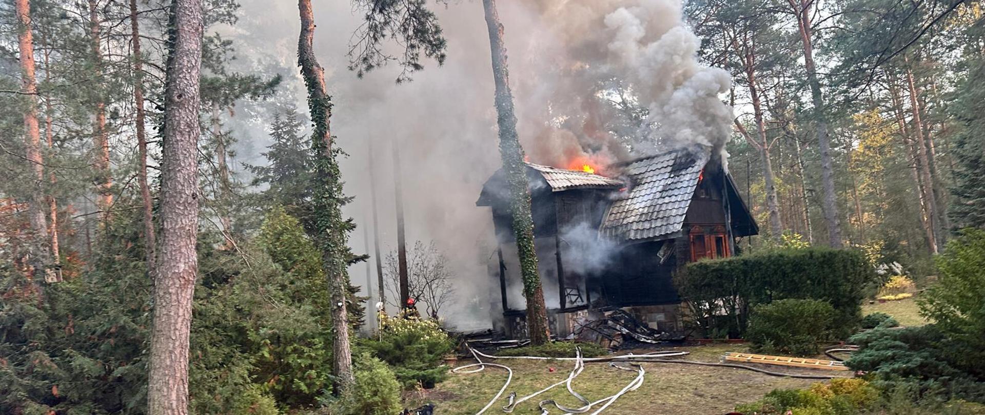 Płonący drewniany domek letniskowy między drzewami. Na ziemi przed budynkiem rozwinięte strażackie węże.