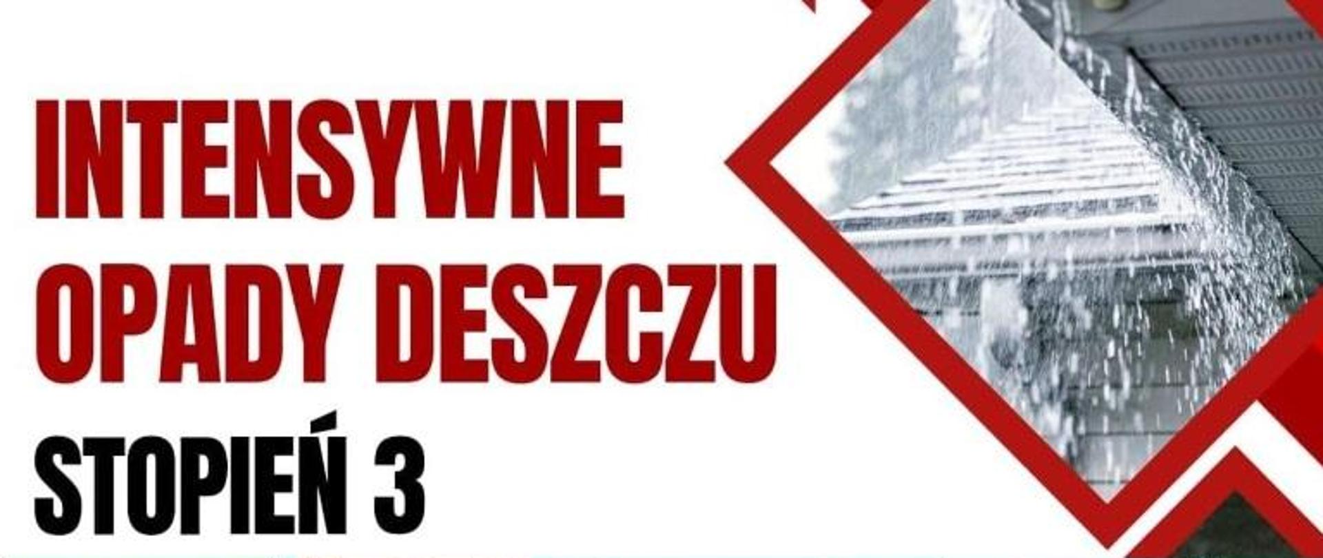 Zdjęcie przedstawia informację o intensywnych opadach deszczu - stopień 3