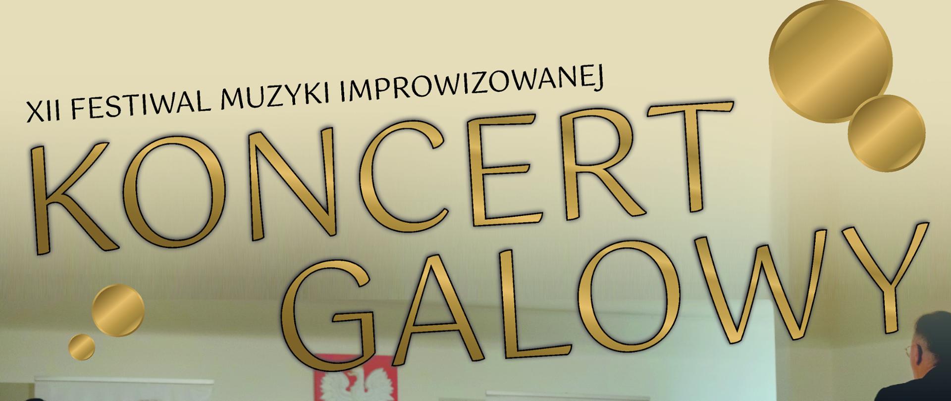 Plakat na tle zdjęcia muzyków z orkiestry dętej z instrumentami, od góry z lewej logo PSM Krzeszowice oraz Fundacji Skala Pasji i napis Państwowa Szkoła Muzyczna im. Z. Noskowskiego w Krzeszowicach i Fundacja Skala Pasji zapraszają na XII Festiwal Muzyki Improwizowanej KONCERT GALOWY wystąpią wykładowcy, uczestnicy warsztatów, zaproszeni artyści, orkiestra dęta Skala Pasji; 18.11.2024 r. 18:30 PSM Krzeszowice ul. Ogrodowa 7 Wstęp Wolny. niżej znajdują się logotypy organizatorów, sponsorów i patronów medialnych: Województwo Małopolskie, Powiat Krakowski, Burmistrz Gminy Krzeszowice, Fundacja Skala Pasji, PSM Krzeszowice