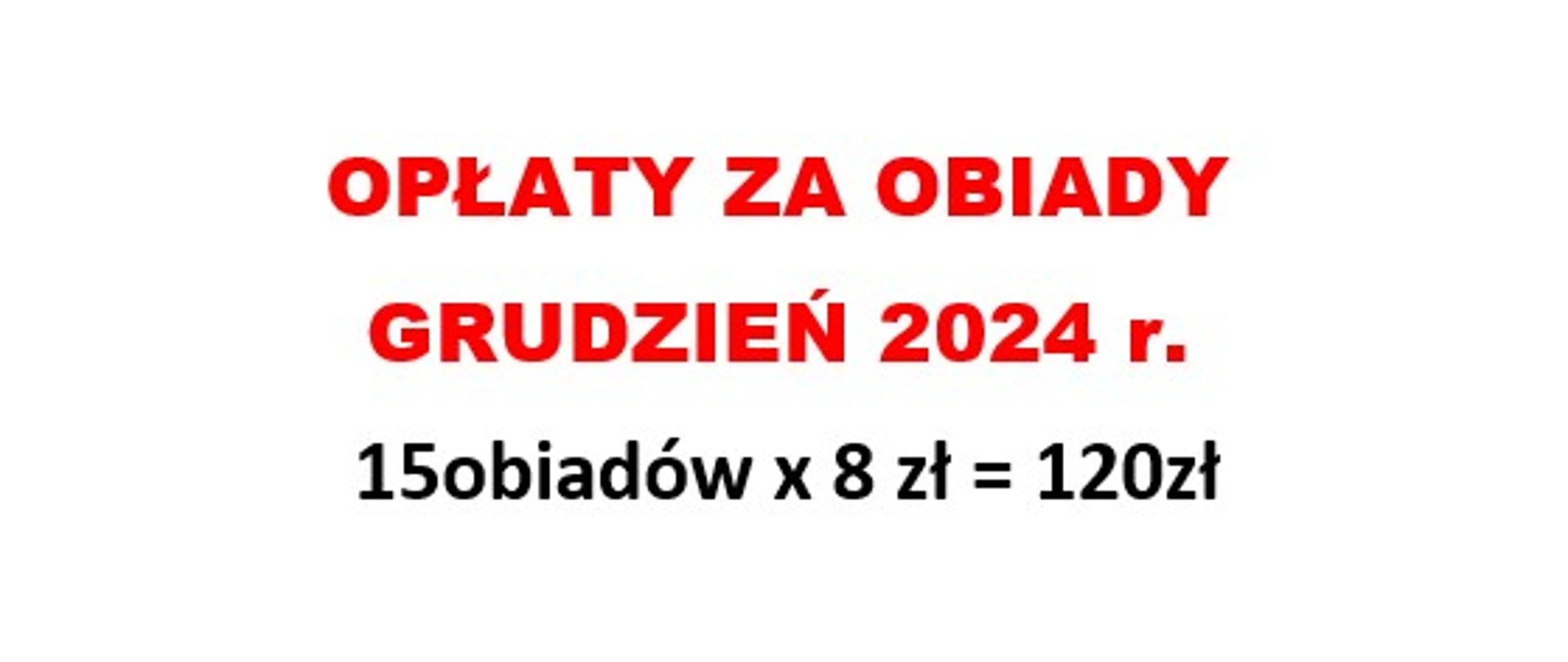 Opłaty za obiady w miesiącu grudzień 2024