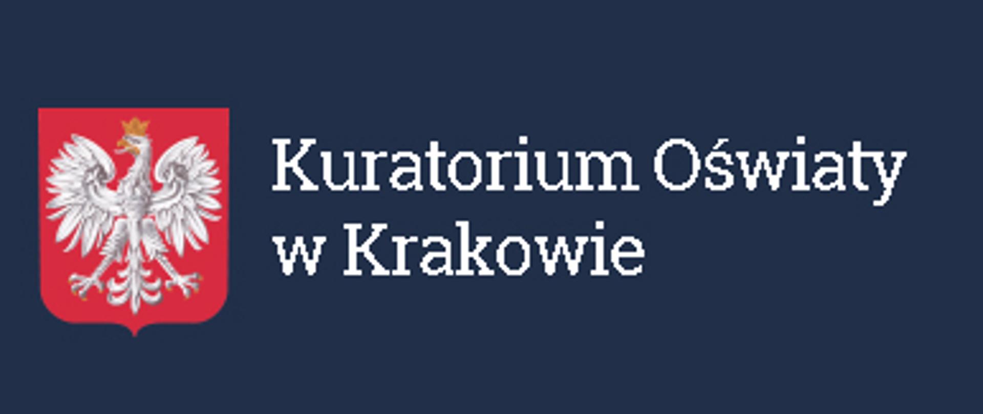 Biały napisy na granatowym tle: Kuratorium Oświaty w Krakowie, po lewej stronie godło Polski 
