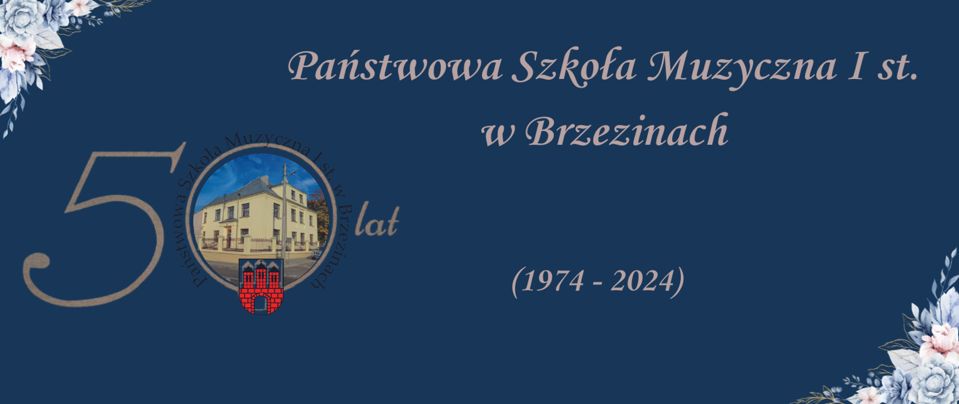 Grafika przedstawia na niebieskim tle napis "50 lat Państwowej Szkoły Muzycznej I st. w Brzezinach (1974-2024).