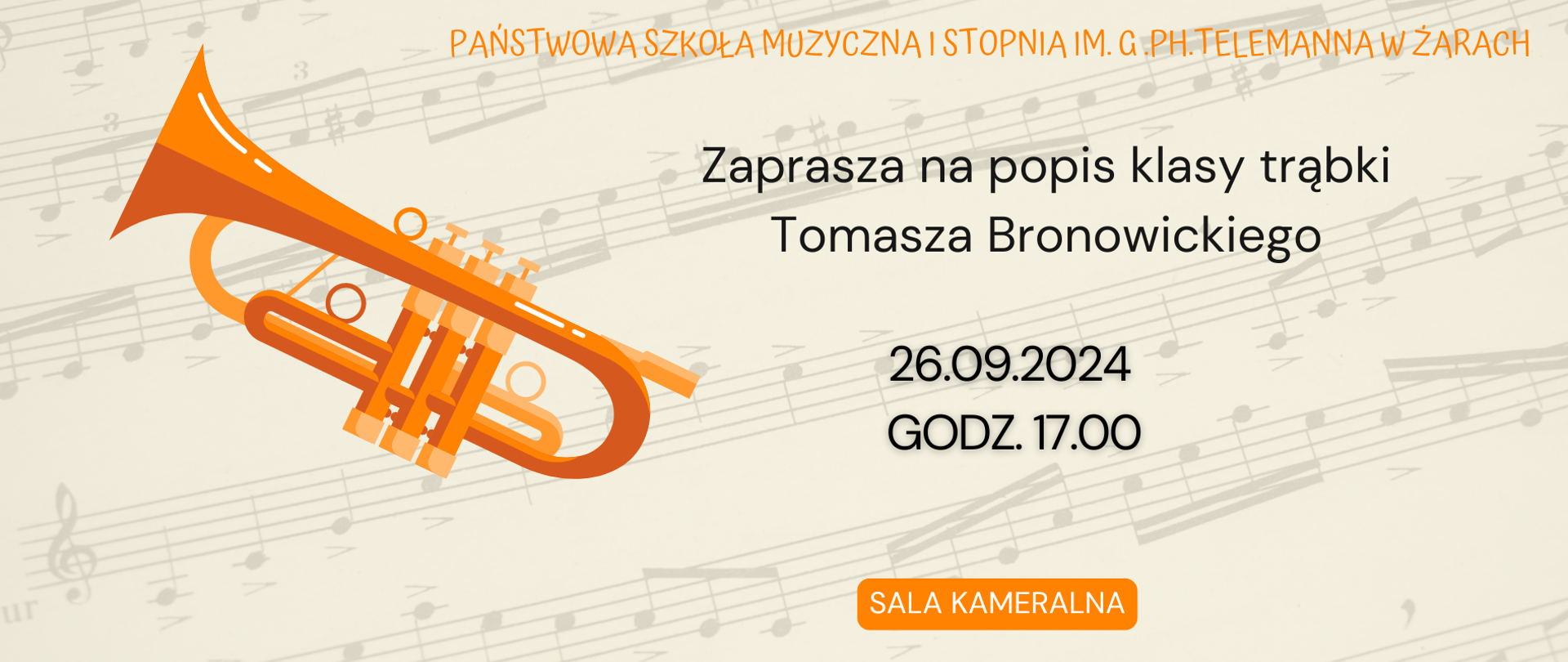 Na obrazie widzimy zaproszenie na koncert. Koncert ten organizuje Państwowa Szkoła Muzyczna I stopnia im. G.Ph. Telemanna w Żarach.
Szczegóły koncertu:
Wykonawcy: Klasa trąbki Tomasza Bronowickiego
Data: 26 września 2024 roku
Godzina: 17:00
Miejsce: Sala kameralna (miejsce to prawdopodobnie znajduje się w budynku szkoły)
Elementy graficzne:
W górnej części obrazu znajduje się nazwa szkoły.
Centralne miejsce zajmuje ilustracja trąbki w kolorze pomarańczowym na tle nut.
Poniżej ilustracji znajdują się informacje o koncercie, takie jak data, godzina i miejsce.
Całość utrzymana jest w ciepłej, żółtawej kolorystyce, co może sugerować radosny charakter wydarzenia.
Interpretacja:
Obraz jest prosty i czytelny. Dominująca ilustracja trąbki jednoznacznie wskazuje na instrument, na którym będą wykonywane utwory. Zaproszenie skierowane jest zarówno do uczniów szkoły, jak i do szerszej publiczności zainteresowanej muzyką. Koncert zapowiada się jako wydarzenie kameralne, gdzie będzie można posłuchać młodych talentów muzycznych.