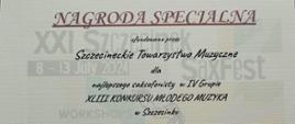 Nagrodę Specjalną dla najlepszego saksofonisty w IV Grupie otrzymuje Martyna Bakowska w XLIII Konkursie Młodego Muzyka w Szczecinku. 