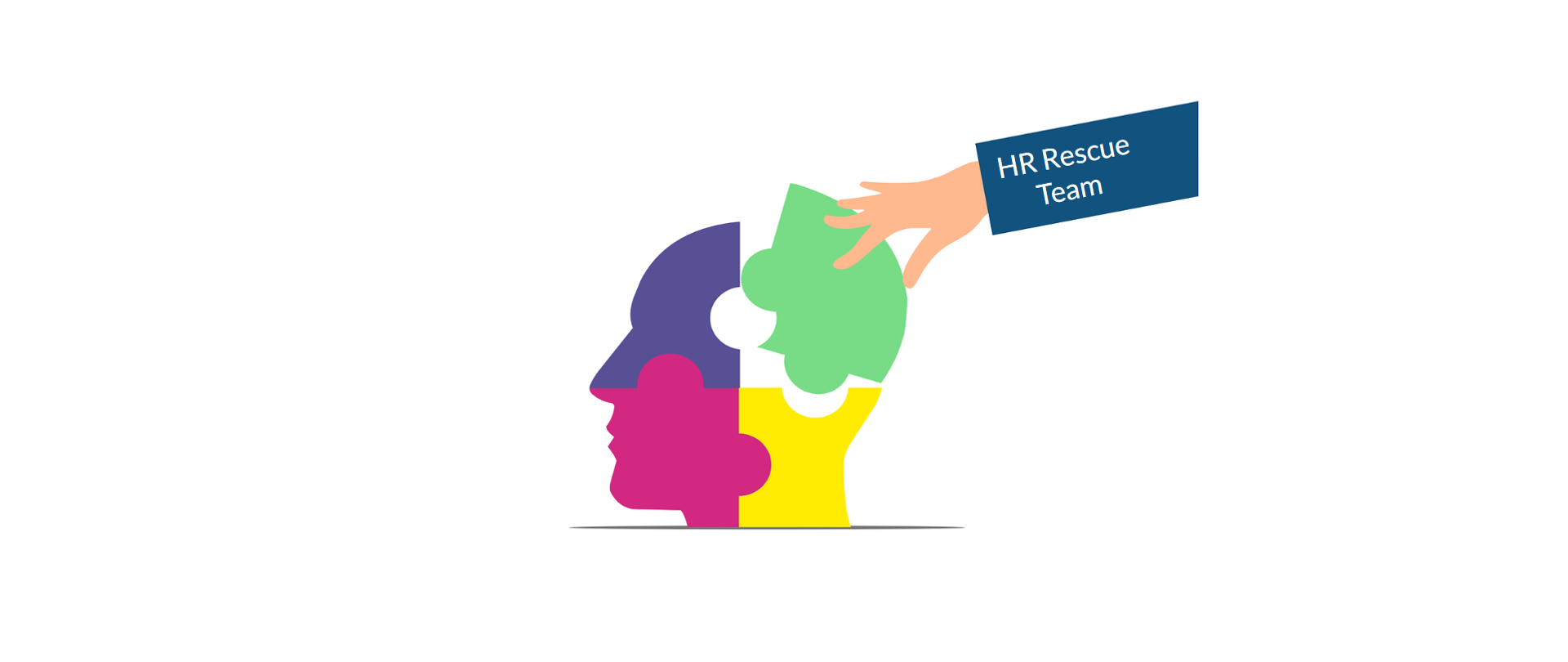 An image showing human head with four pieces of puzzles inside it, and a helping hand of HR team specialist.