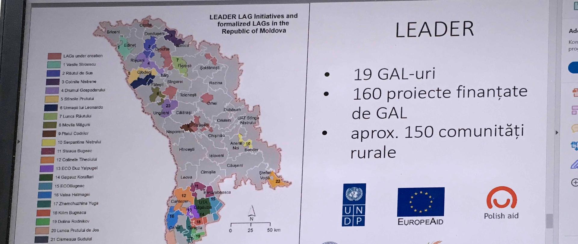 Mapa miast Mołdawii z logotypami UNDP, EuropeAid, Polska pomoc