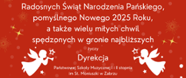 Obrazek przedstawia życzenia świąteczne na czerwonym tle z białymi elementami graficznymi. W tle widoczne są śnieżynki, aniołki, gwiazdki oraz życzenia od dyrekcji Państwowej Szkoły Muzycznej w Zabrzu.