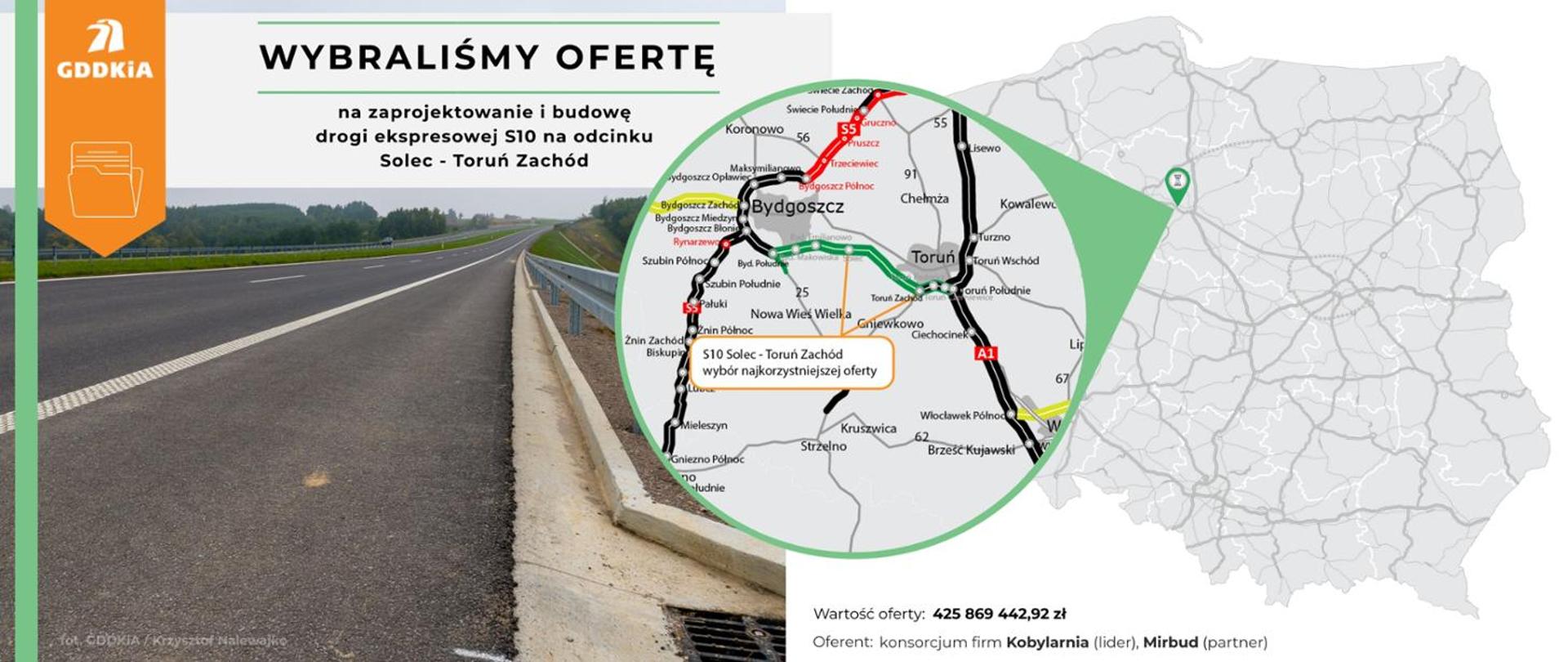 Infografika dot. wyboru oferty w przetargu na projekt i budowę S10 Solec - Toruń Zachód