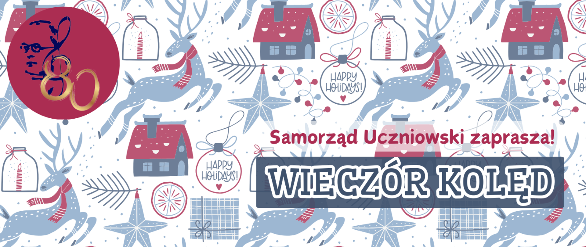 świąteczne akcenty graficzne w tle i napis Samorząd uczniowskie zaprasza na wieczór kolęd