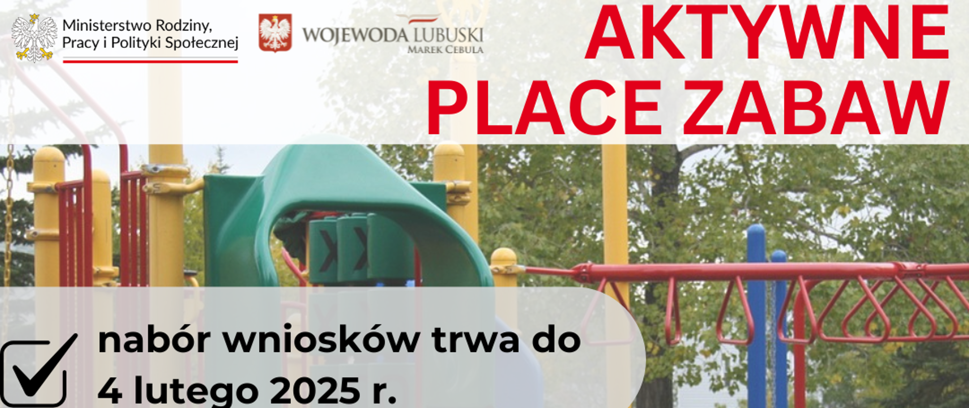 Aktywne place zabaw, nabór wniosków trwa do 4 lutego 2025 r. - grafika z placem zabaw w tle