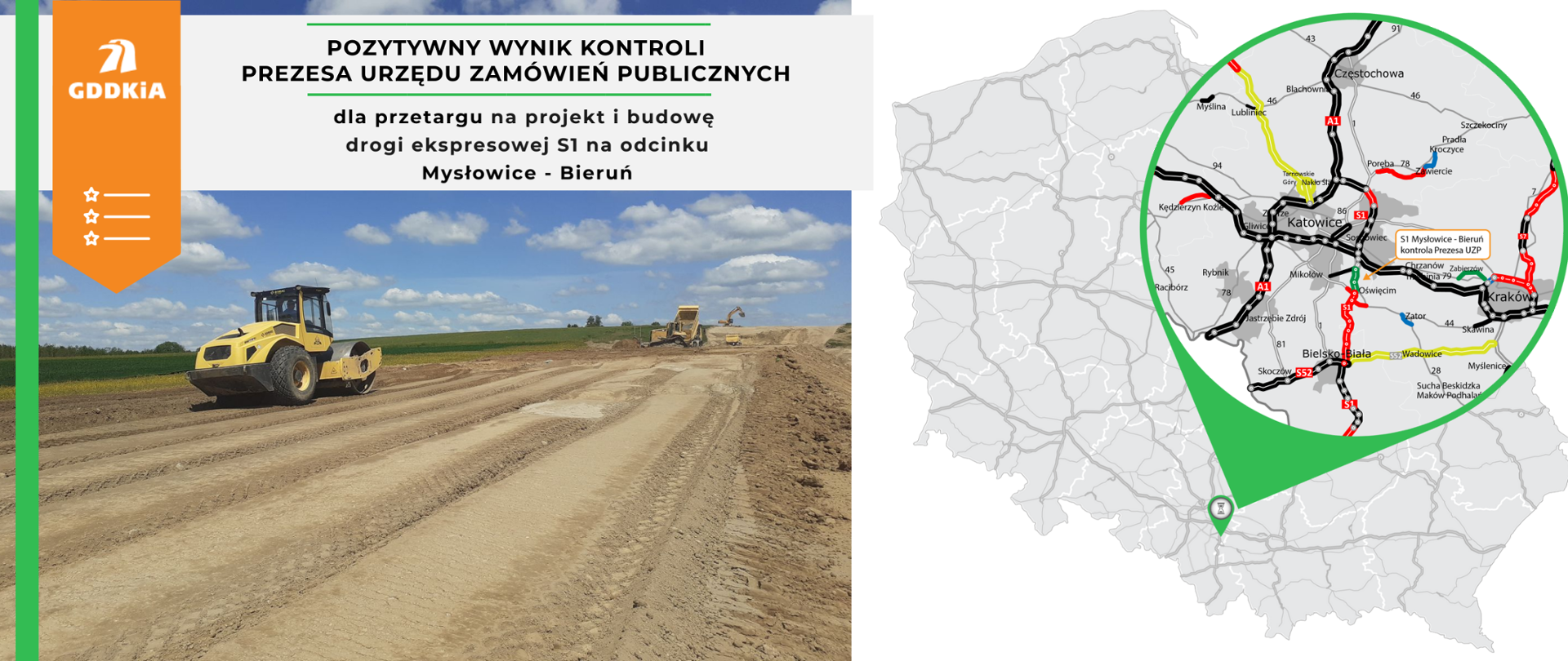 Infografika dot. pozytywnego wyniku kontroli prezesa UZP dla przetargu dot. S1 Mysłowice - Bieruń