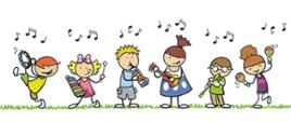 Różnokolorowa grafika: dzieci stoją na trawie i grają na różnych instrumentach muzycznych, nad nimi latają czarne nutki