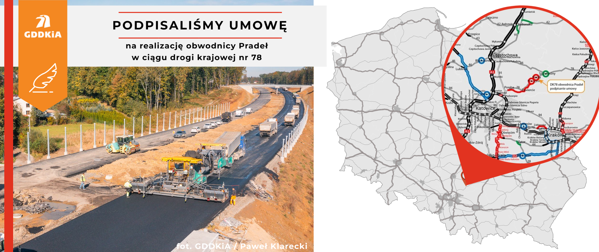 Grafika przedstawia podpisanie umowy na realizację obwodnicy Pradeł w ciągu drogi krajowej nr 78. Po lewej stronie znajduje się logo Generalnej Dyrekcji Dróg Krajowych i Autostrad (GDDKiA) oraz zdjęcie budowy drogi, gdzie pracują maszyny i robotnicy. Po prawej stronie jest mapa Polski z zaznaczonym obszarem, w którym będzie budowana obwodnica. Widoczny jest powiększony fragment z trasą DK78.