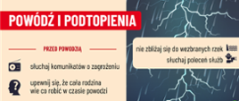 Słuchaj komunikatów o zagrożeniu, upewnij się, że cała rodzina wie co robić w czasie powodzi, przenieś dokumenty,
leki i wartościowe rzeczy na górne kondygnacje budynku, naładuj telefon, zrób zdjęcia zniszczeń, mogą, pomóc w uzyskaniu odszkodowania, nie zbliżaj się do wezbranych rzek słuchaj poleceń służb odłącz prąd i gaz
przygotuj się do ewakuacji