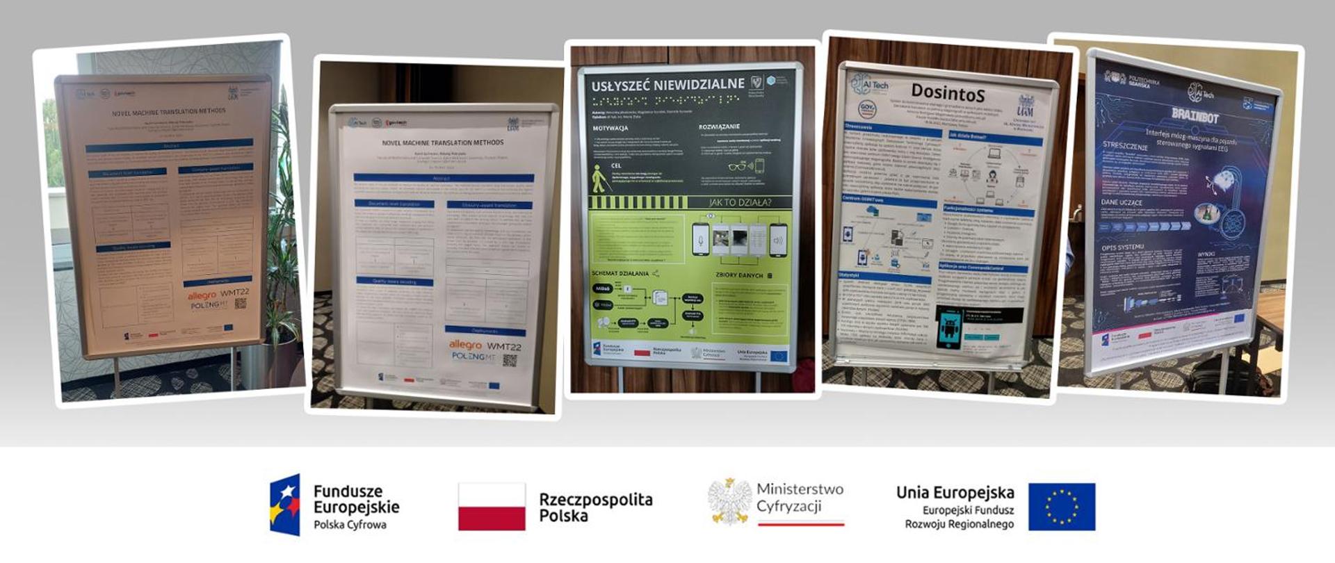 5 plakatów prezentujących nagrodzone projekty. Logotypy projektowe znak FE, barwy RP, znak MC, znak UE.