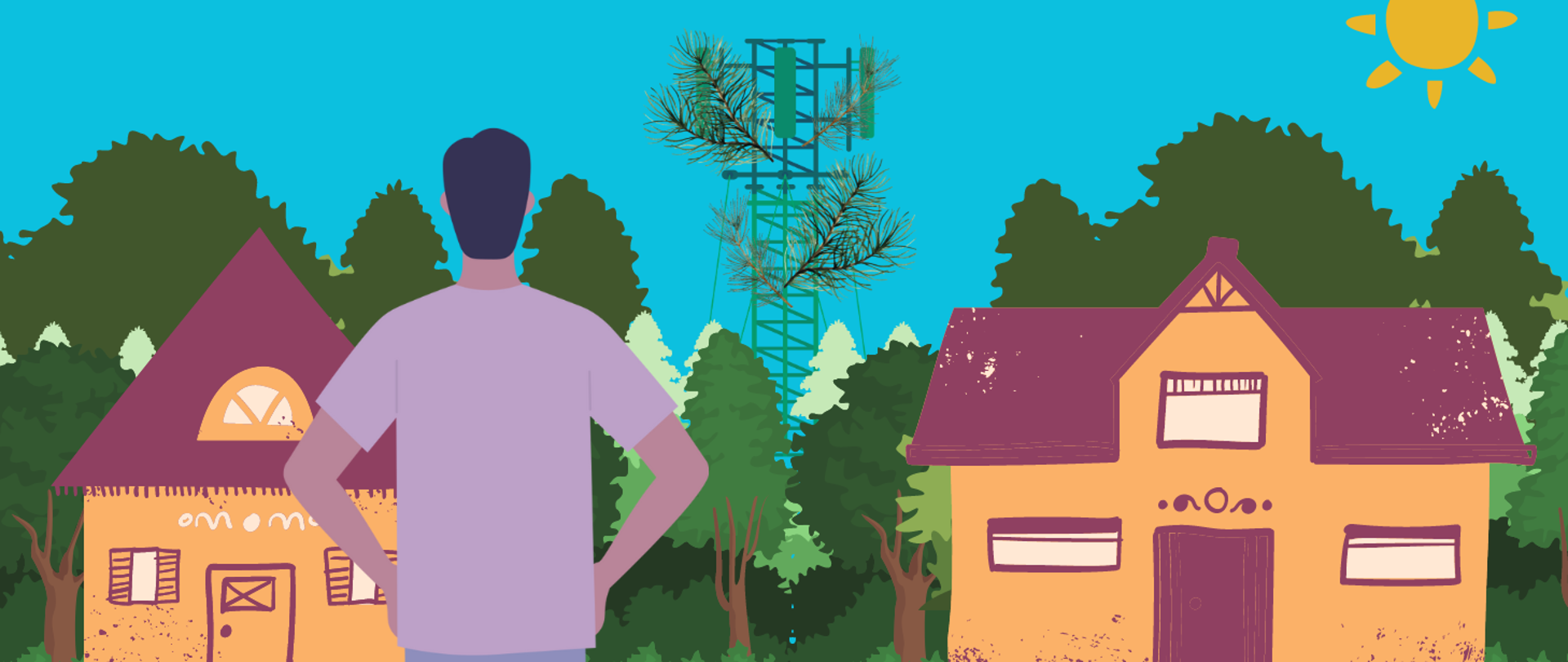 Mężczyzna stoi plecami do widza trzymając się pod boki. patrzy na niewielkie domy stojące na skraju lasu i wystający ponad drzewa maszt telekomunikacyjny ozdobiony gałęziami.