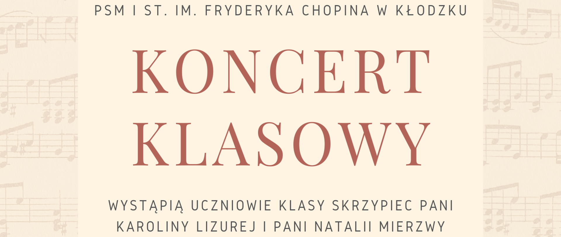 Plakat na kolorowym tle z grafiką skrzypiec u dołu plakatu oraz informacją tekstową dotyczącą koncertu uczniów klasy skrzypiec p. K. Lizurej i N. Mierzwy - 06 czerwca 2024 r.