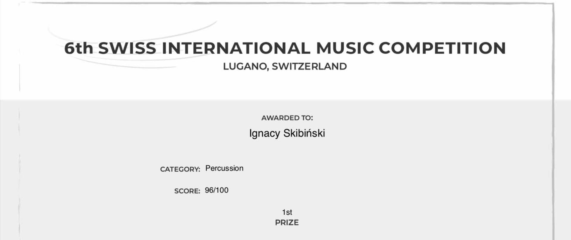 Dyplom dla Ignacego Skibińskiego za zajęcie I miejsca na 6 Szwajcarskim Międzynarodowym Konkursie Muzycznym w Lugano - kwiecień 2024