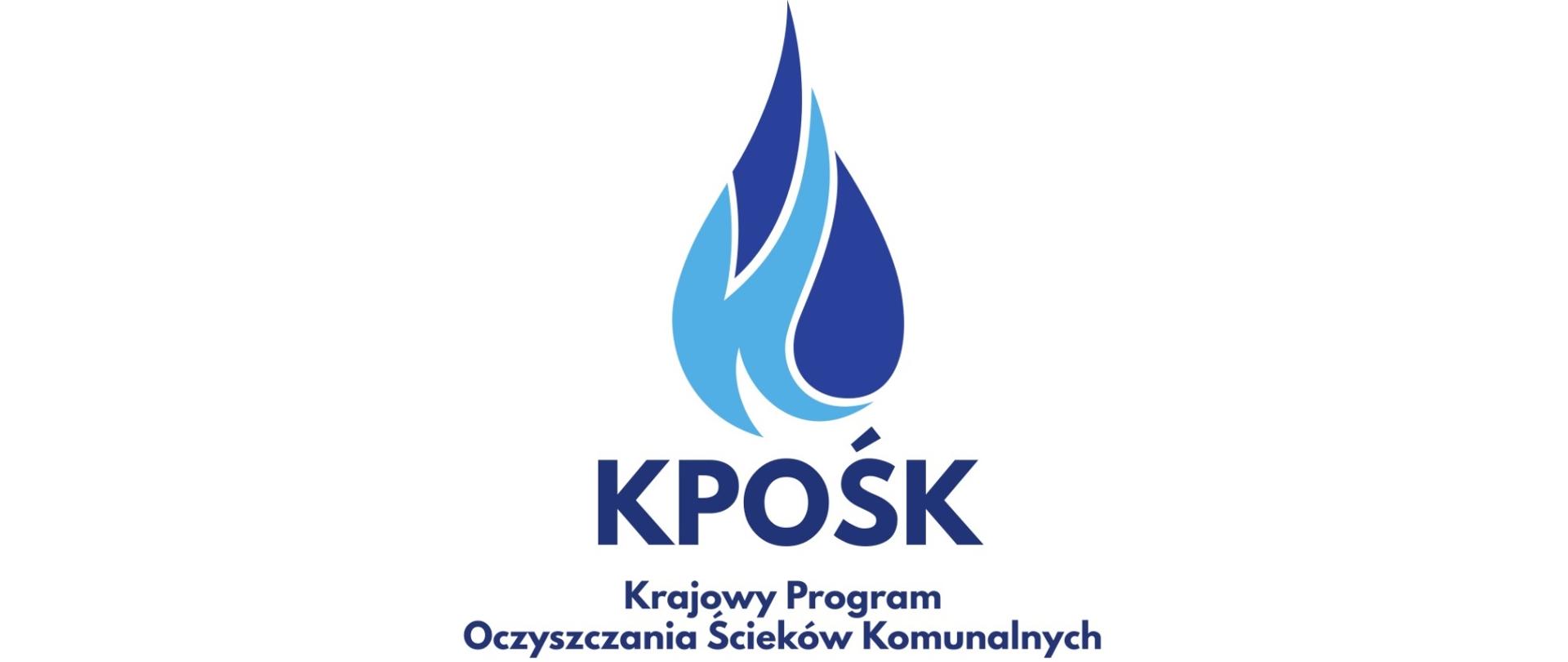 Logo Krajowego Programu Oczyszczania Ścieków Komunalnych - kropla zbudowana z litery k i skrót KPOŚK.