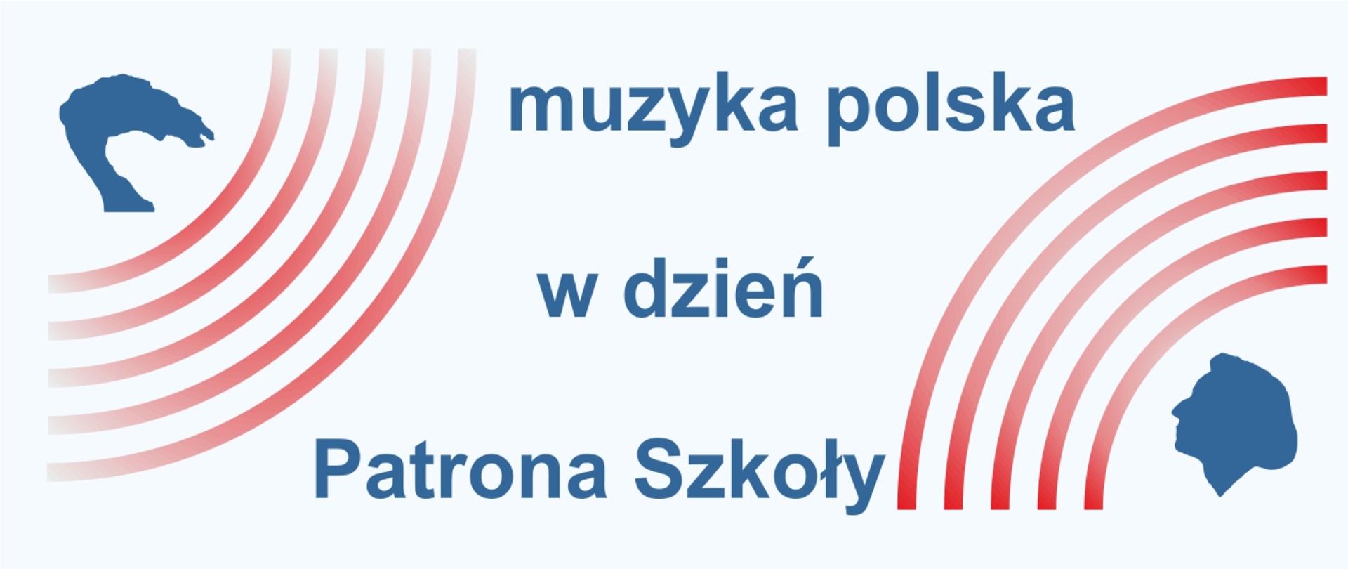 Na białym tle niebieski z lewej strony kształt wierzby i biało-czerwone części okręgu z prawej strony niebieski profil Chopina i biało-czerwone części okręgu po środku napis muzyka polska w dzień patrona szkoły.