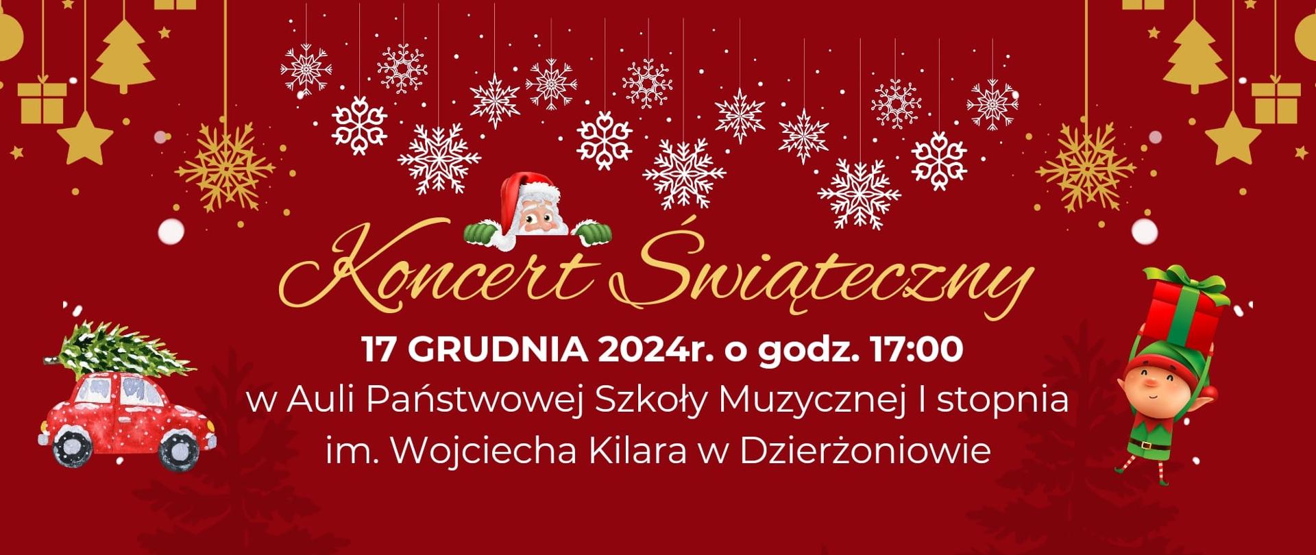 Plakat - na czerwonym tle rysunek śnieżynek, czerwony samochodzik wiozący na dachu choinkę, skrzat niosący prezent, śpiewające dzieci, bałwanek i pingwiny oraz napis "Koncert Świąteczny 17 grudnia 2024 r. o godz. 17:00 w auli Państwowej Szkoły Muzycznej I stopnia imienia Wojciecha Kilaraw w Dzierżoniowie. Zapraszamy!".