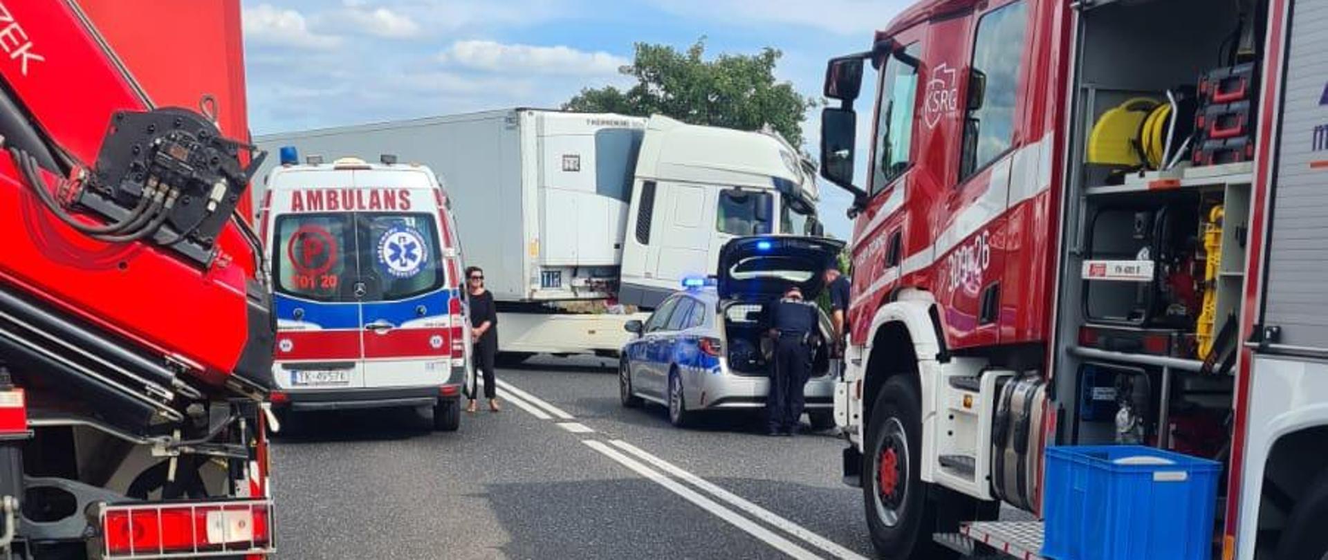 Zdjęcie przedstawia drogę krajową gdzie doszło do wypadku. Od lewej stoją: samochód pożarniczy, ambulans, w głębi uszkodzona ciężarówka, radiowóz i kolejny samochód strażacki.