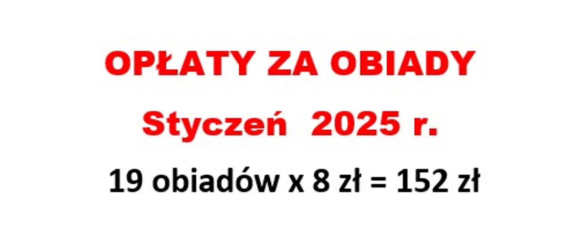 Opłaty za obiady w miesiącu styczeń 2025