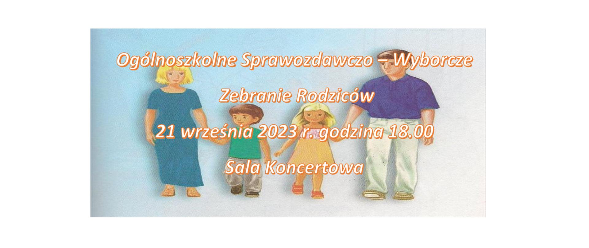 Na niebieskim tle mężczyzna i kobieta oraz dwoje dzieci-chłopiec i dziewczynka. Na postaciach żółty napis z informacją o terminie spotkania Rady Rodziców 