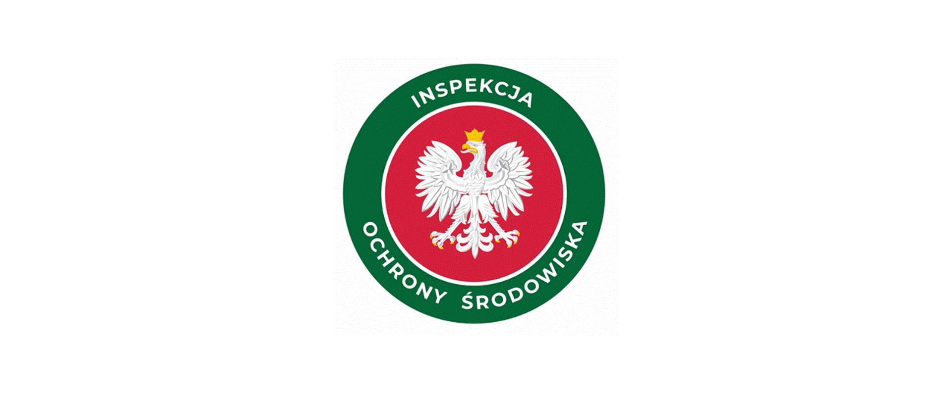 Okrągłe logo Inspekcji Ochrony Środowiska: w środku godło Polski - orzeł w koronie na czerwonym tle - otoczony zielonym okręgiem z napisem "Inspekcja Ochrony Środowiska"