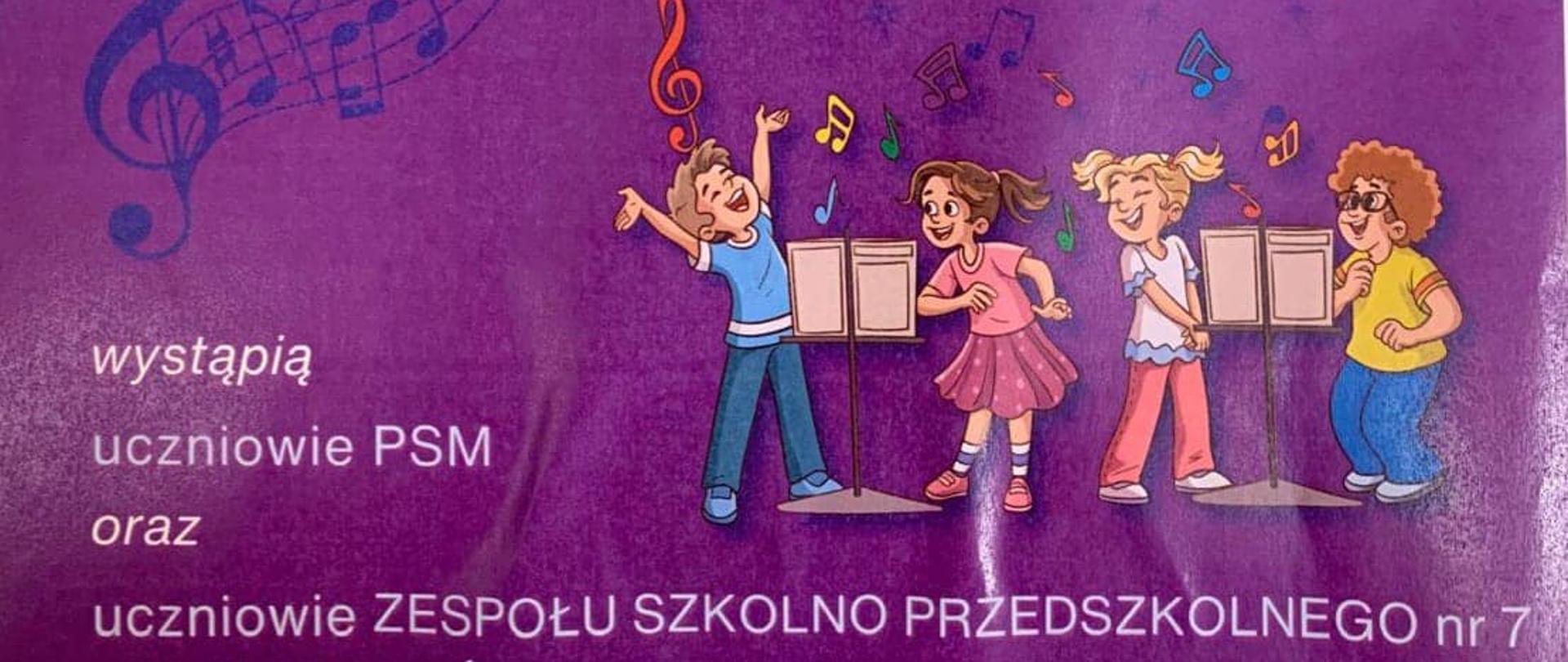 Fioletowy plakat z napisem "Grajmy, śpiewajmy, tańczmy, 13 stycznia 2025" i grafiką przedstawiającą muzykujące dzieci