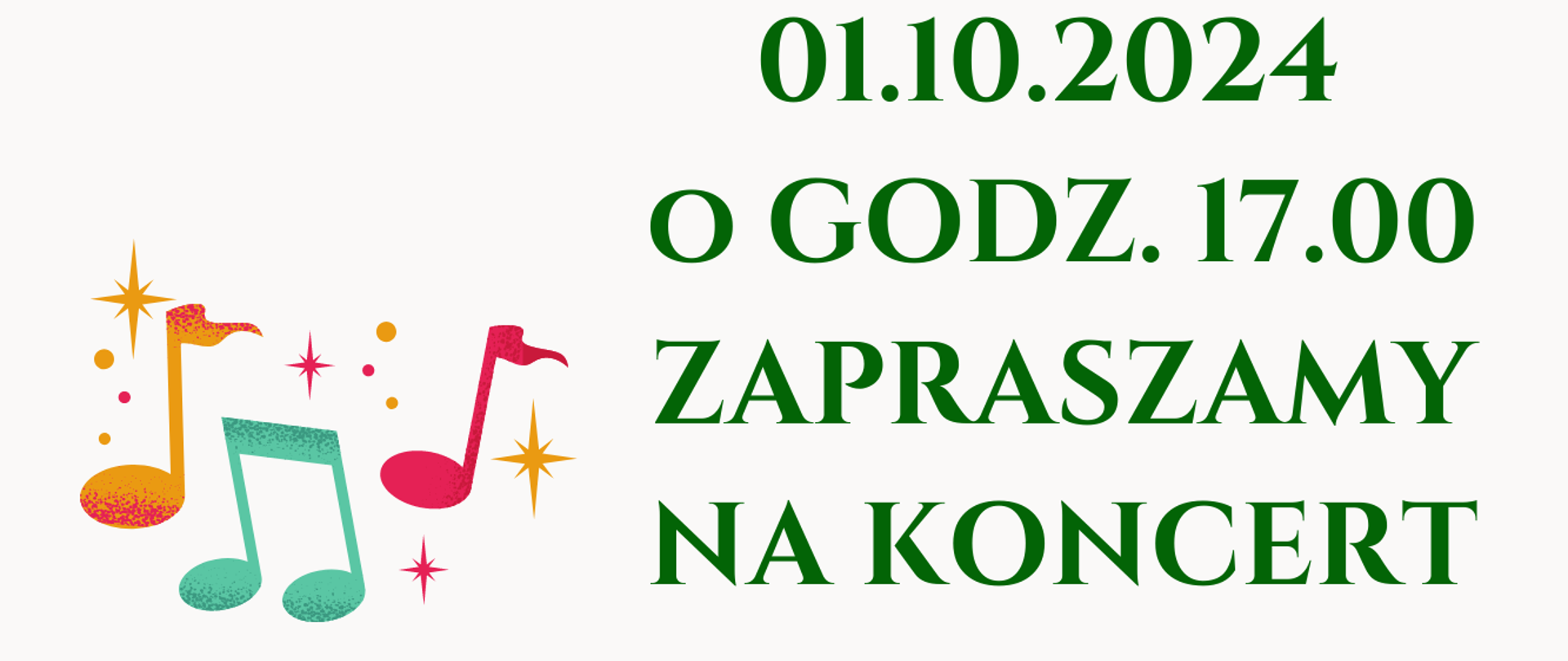 Plakat z białym tłem i zielonymi literami na górze i na dole. w prawym boku plakatu i na środku znajdują się kolorowe nuty oraz grafika z różowym i niebieskim ptaszkiem siedzącym na brązowej gałązce.