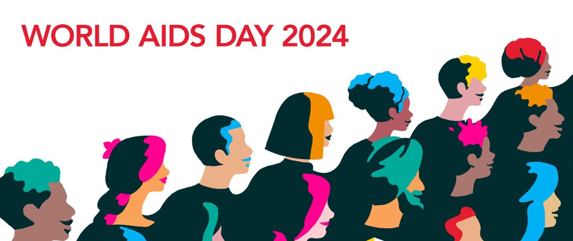 Stylizowany ikonograficznie tłum postaci i napis world AIDS day 2024