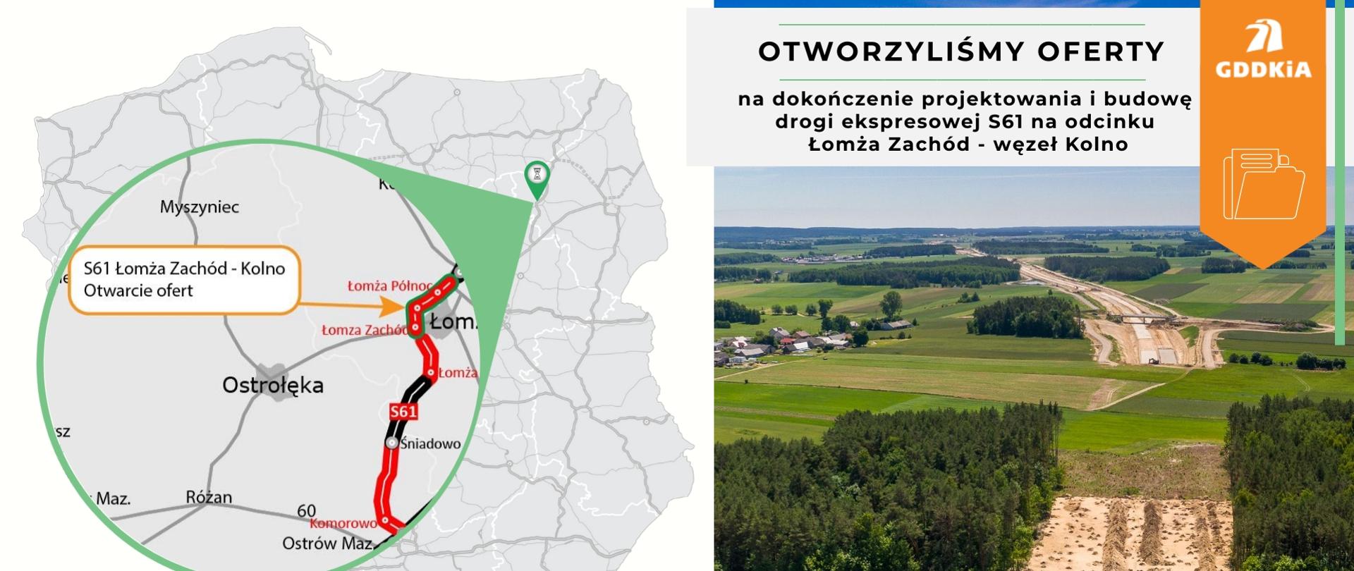 Po lewej stronie widoczna mapa Polski wskazujące miejsce inwestycji. Po prawej stronie teren przygotowany pod budowę przyszłej drogi.