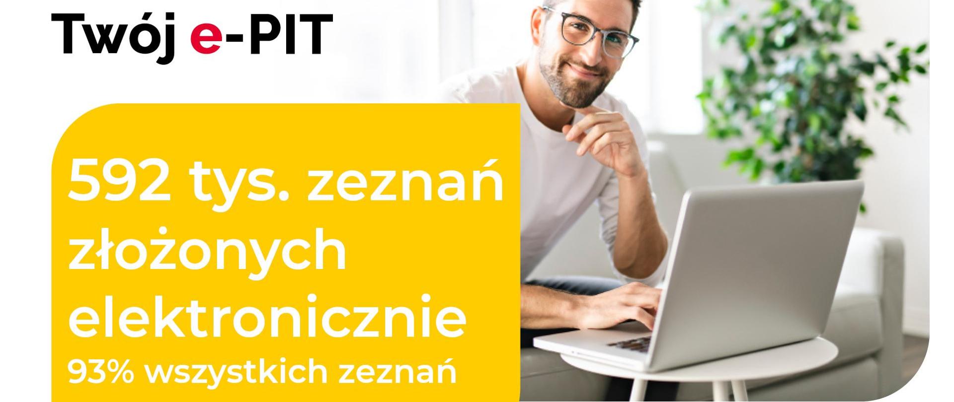 Mężczyzna przy laptopie, 592 tys. zeznań złożonych elektronicznie, 93% wszystkich zeznań