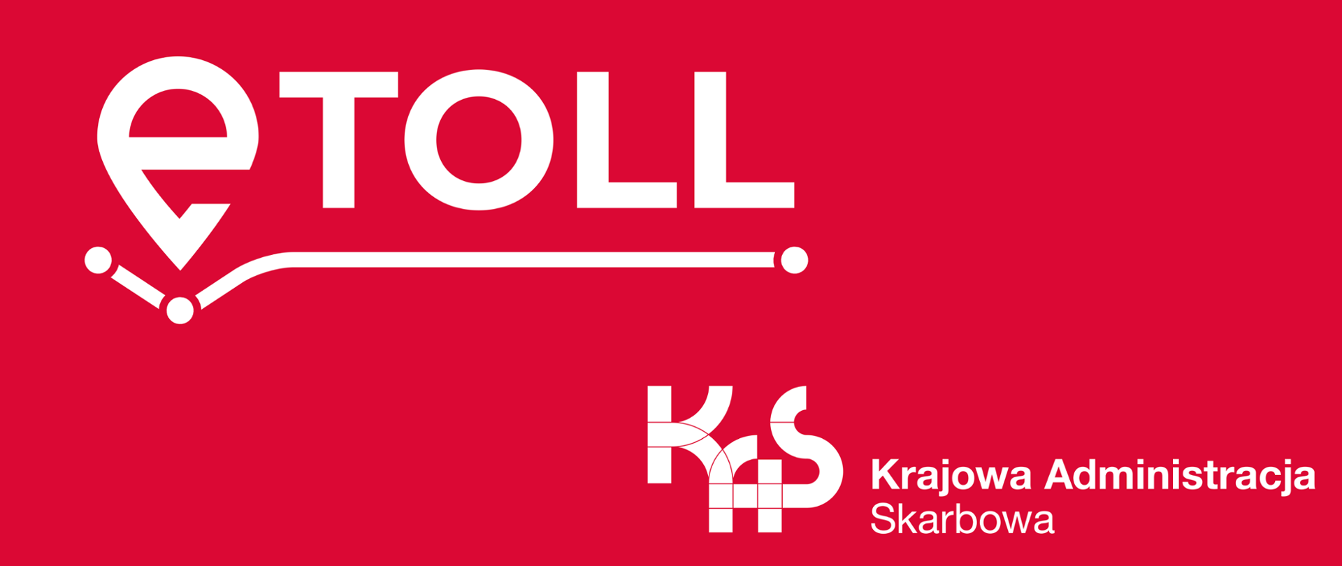 U góry Logotyp eTOLL - litera E przechodząca w kształt znacznika (pinezki) zaznaczającej poziomą linię oznaczającą punkty opłat na drodze. Dalej litery TOLLLogotyp eTOLL - litera E przechodząca w kształt znacznika (pinezki) zaznaczającej poziomą linię oznaczającą punkty opłat na drodze. Dalej litery TOLL. Poniżej logotyp KAS - Krajowa Administracja Skarbowa, Litery KAS połączone liniami. Dalej nazwa jednostki - Krajowa Administracja Skarbowa