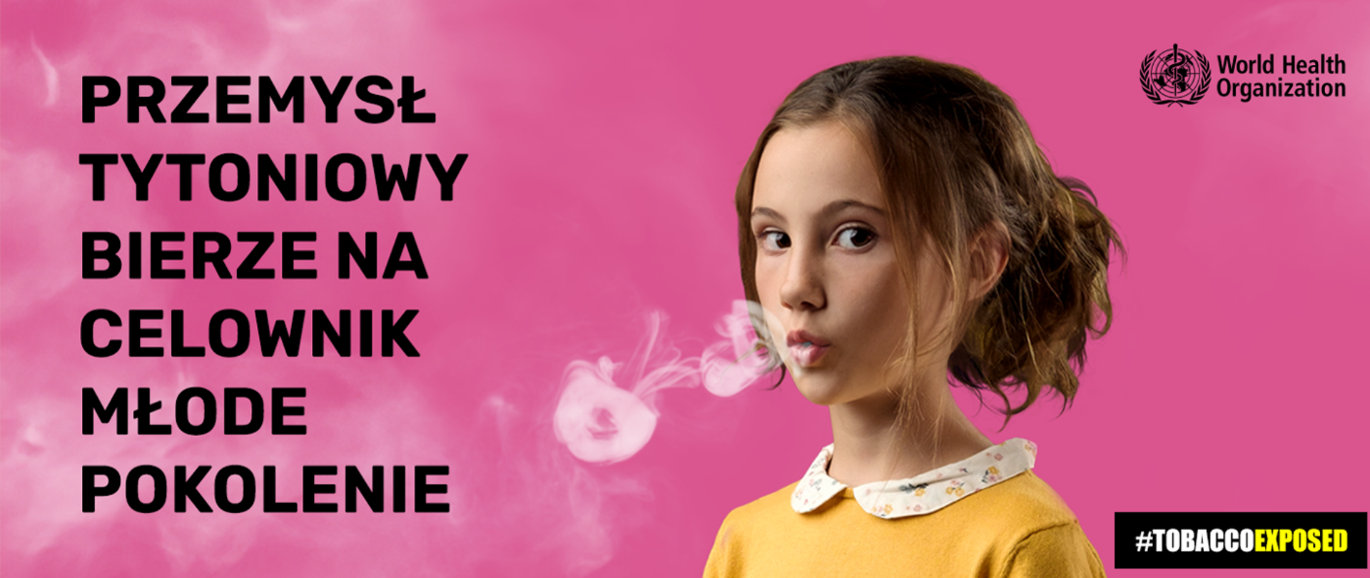 Grafika przedstawia dziewczynkę w żółtej bluzie na różowym tle, paląca e-papierosa.