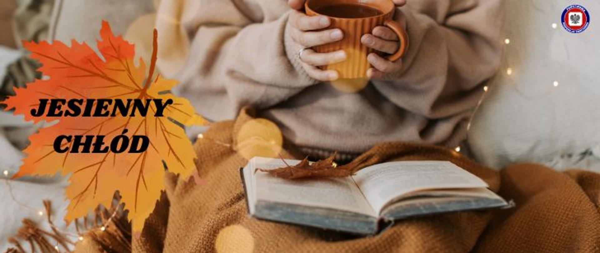 Grafika w brązowej tonacji - osoba w beżowym swetrze, trzymająca pomarańczowy kubek z ciemnym płynem, siedząca na beżowej kanapie, z nogami przykrytymi pomarańczowo-brązowym kocem, z książką na kolanach. Z jej lewej brązowy liść klonowy z ciemnym napisem Jesienny chłód. W prawym górnym rogu logo Państwowej Inspekcji Sanitarnej.