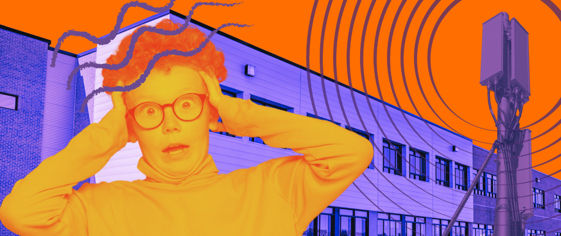 W tle ilustracji budynek szkolny ze stojącym obok niego, promieniującym masztem antenowym. Na pierwszym planie chłopiec w okularach trzyma się rękami za głowę z wyrazem przerażenia na twarzy.