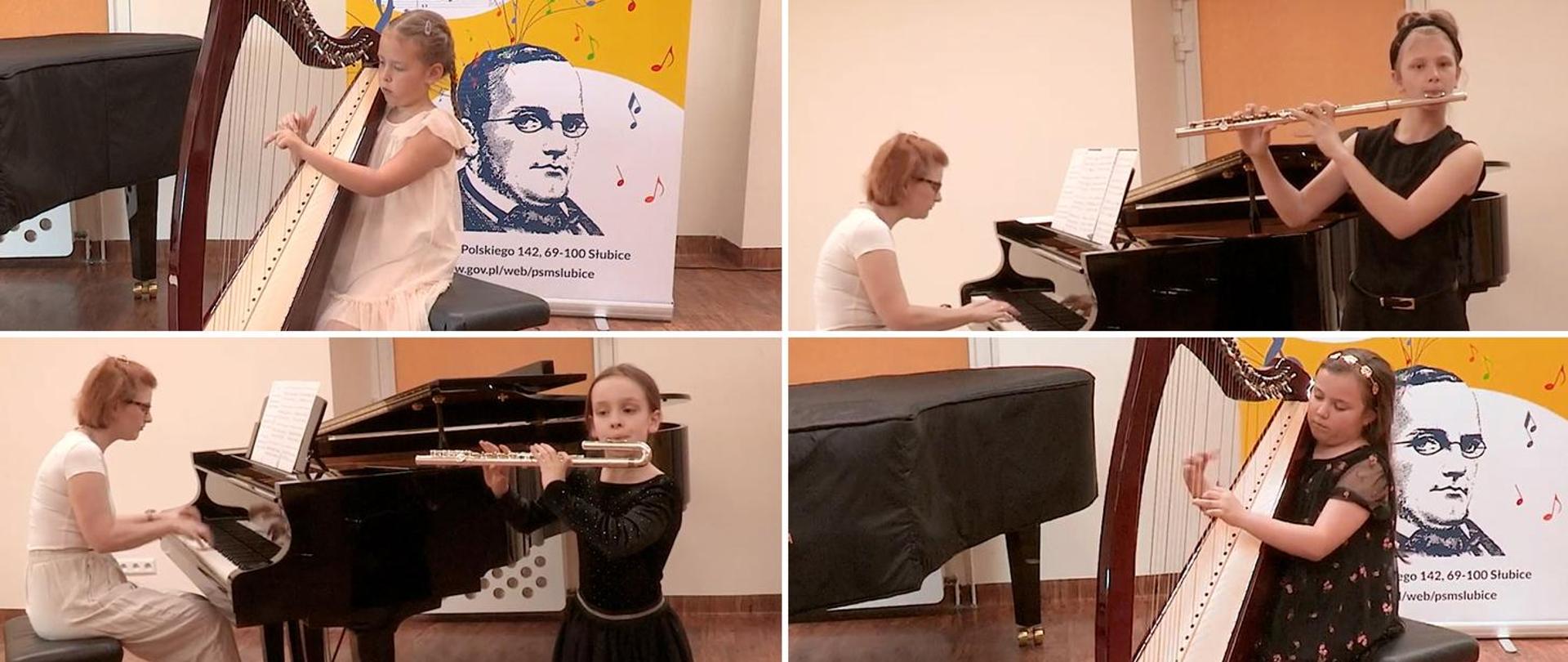 Collage czterech zdjęć, na dwóch dziewczynki grają na harfach a na dwóch inne dziewczynki grają na fletach z akompaniamentem fortepianu.
