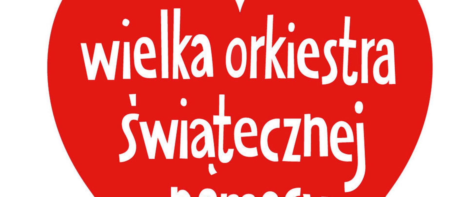 Grafika posiada białe tło. Na środku czerwone serce z białym napisem "Wielka orkiestra światecznej pomocy"