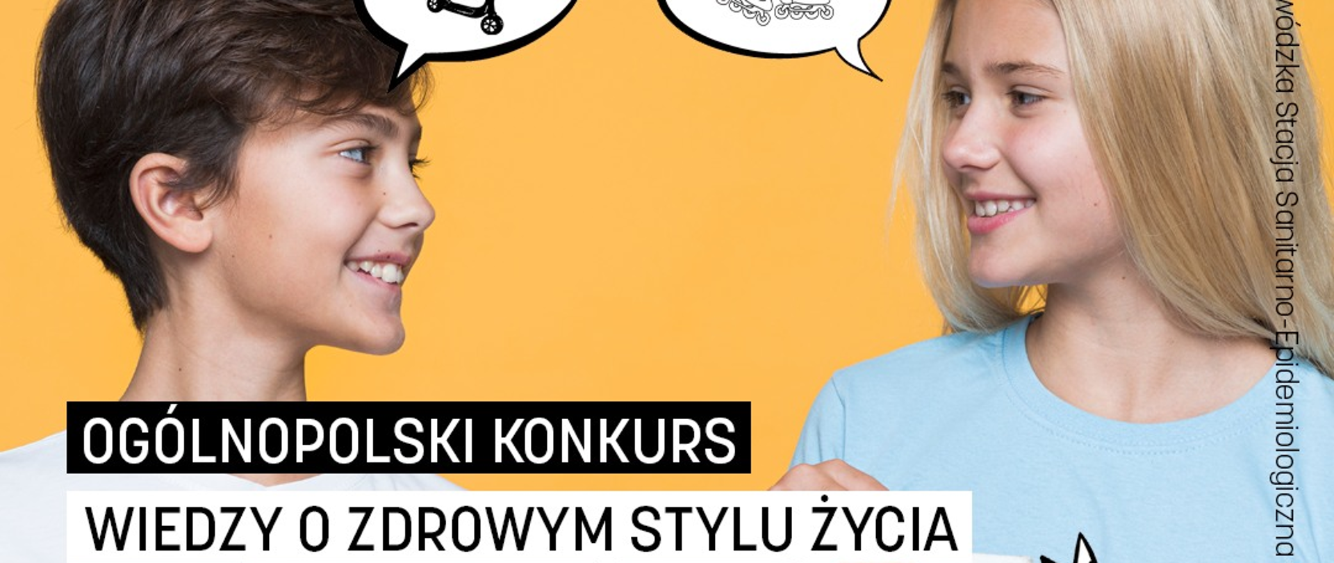 Trzymaj formę - Ogólnopolski konkurs wiedzy o zdrowym stylu życia. Na obrazku chłopak i dziewczyna trzymają plakat z logiem konkursu