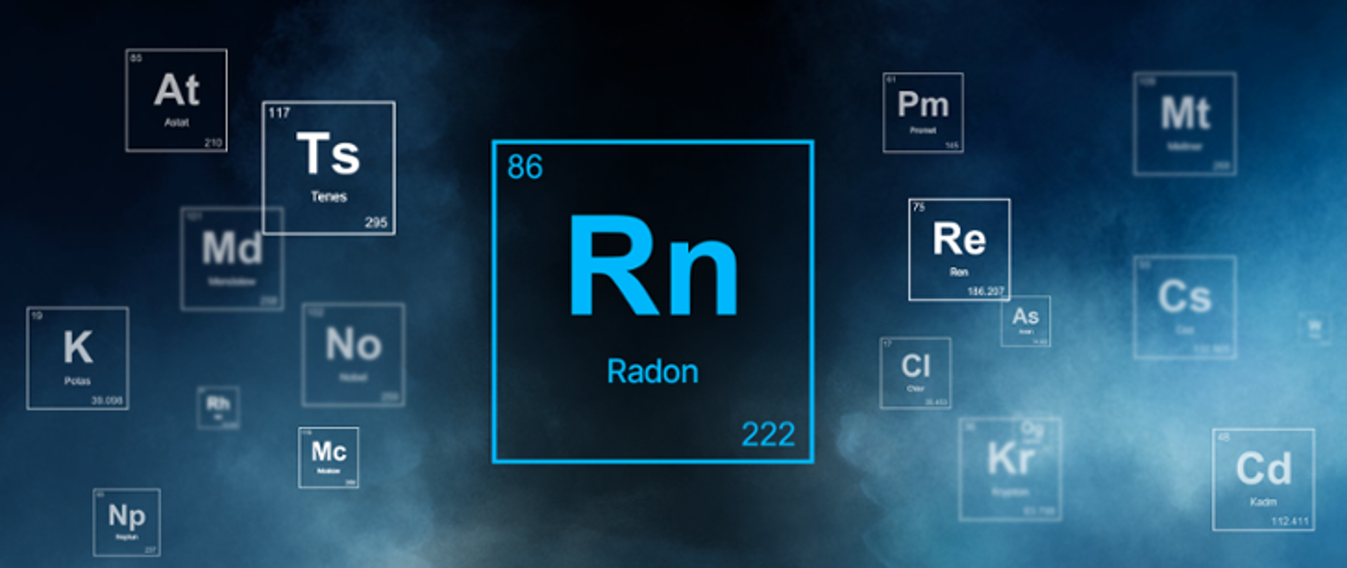 Na granatowym tle ikona pierwiastka chemicznego "Radon" zaczerpnięta z Tablicy Mendelejewa