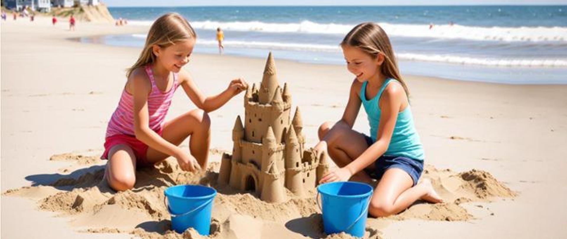 Dwie dziewczynki na plaży lepią zamek z piasku.
