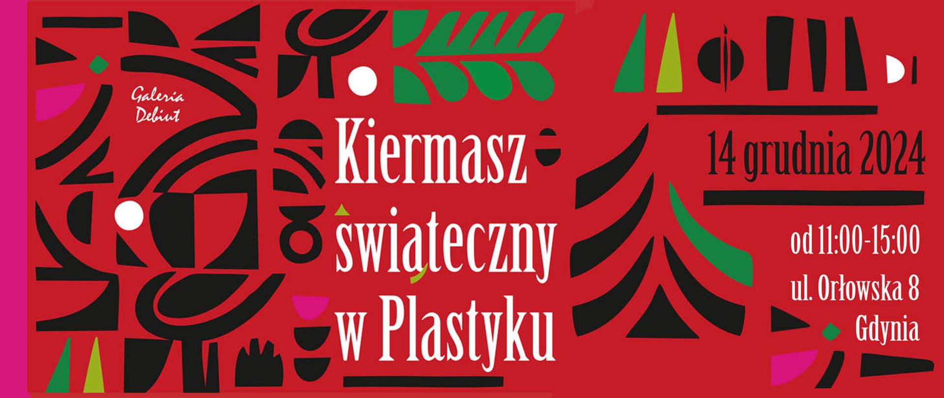 Kiermasz świąteczny w Plastyku, baner z grafiką na czerwonym tle