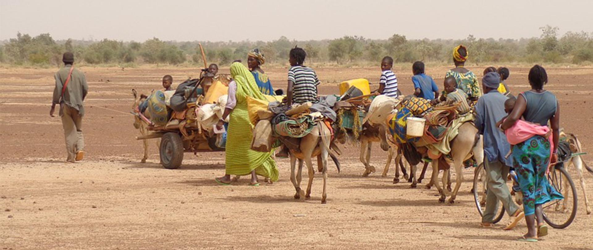 Na zdjęciu: grupa migrantów przemieszczająca się na osłach wraz z bagażami przez pustynię